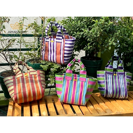 Customised Recycled Nylon Striped Indian Market Shopping Bag &amp; Pouches-Multicolor-1