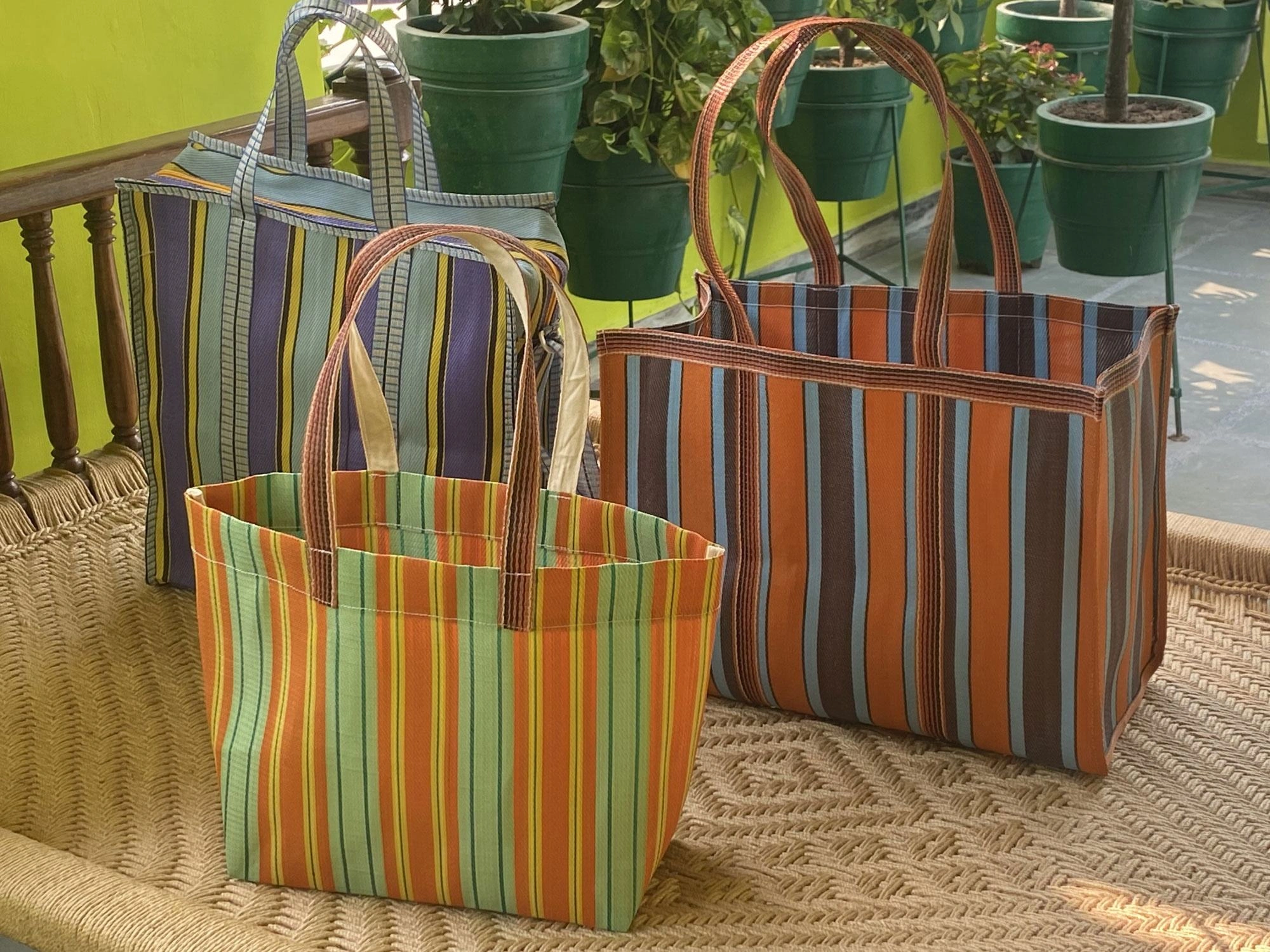 Customised Recycled Nylon Striped Indian Market Shopping Bag &amp; Pouches-Multicolor-2