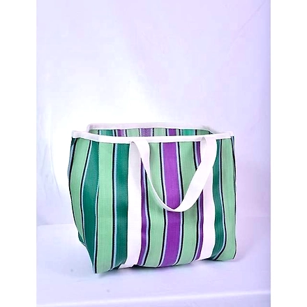 Recycled Purple Green Market Nylon Tote bag With Cotton Webbing Straps-Multicolor-1