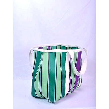 Recycled Purple Green Market Nylon Tote bag With Cotton Webbing Straps-Multicolor-2
