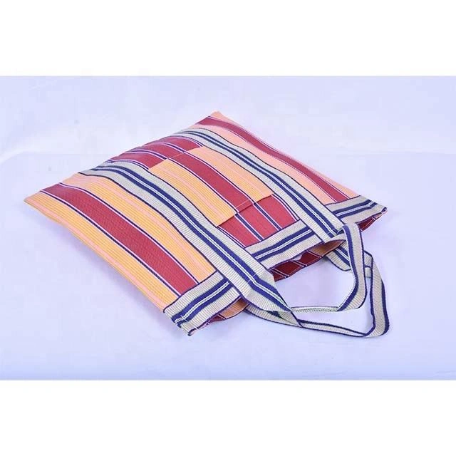 Recycled Nylon Striped Indian Market Shopping Bag With Front Pocket-Jam1007