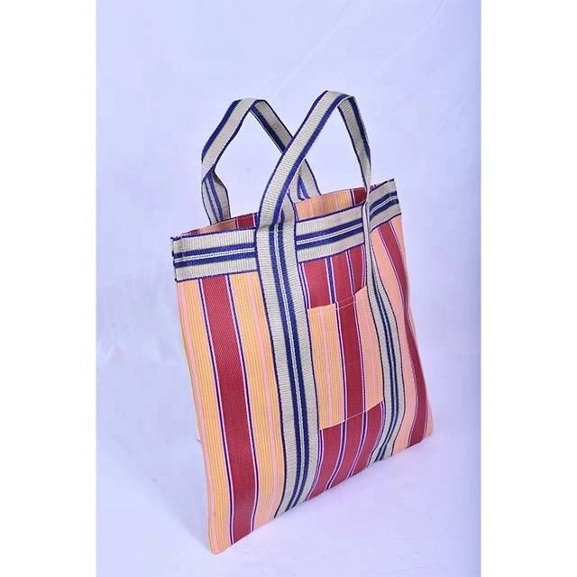 Recycled Nylon Striped Indian Market Shopping Bag With Front Pocket-Multicolor-1