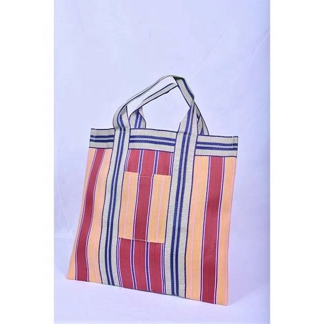 Recycled Nylon Striped Indian Market Shopping Bag With Front Pocket-Multicolor-2