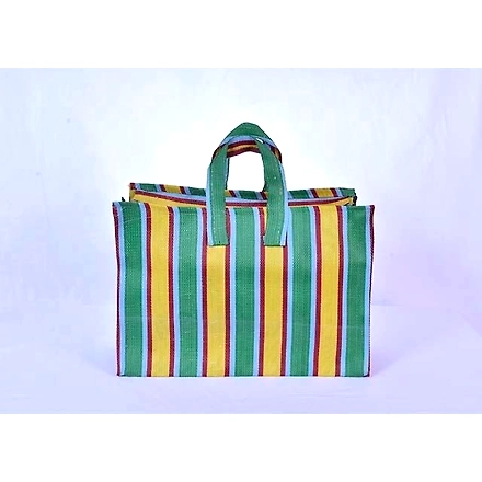 Greenish Yellow Recycled Nylon Striped Indian Market Shopping Bag-Multicolor-1
