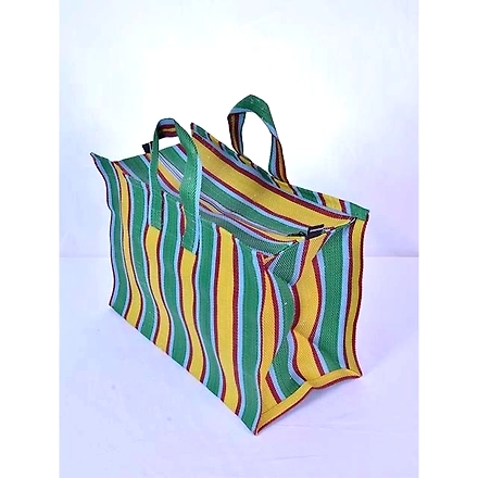 Greenish Yellow Recycled Nylon Striped Indian Market Shopping Bag-Multicolor-2