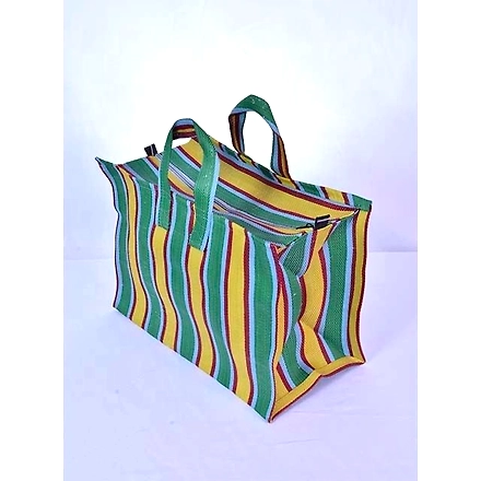 Greenish Yellow Recycled Nylon Striped Indian Market Shopping Bag-Multicolor-3