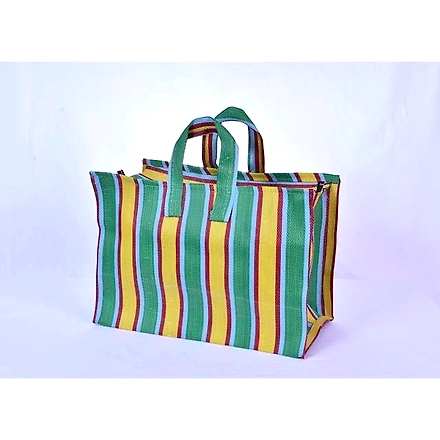 Greenish Yellow Recycled Nylon Striped Indian Market Shopping Bag-Multicolor-4