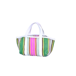 Recycled Pink Green Striped Nylon Market Tote bag With Cotton Webbing Straps