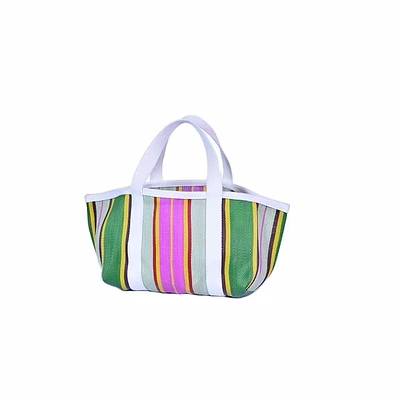 recycled pink green striped nylon market tote bag with cotton webbing straps