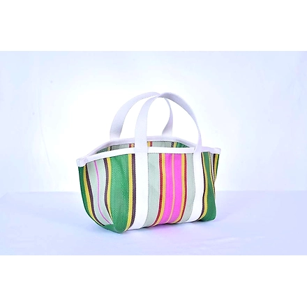 Recycled Pink Green Striped Nylon Market Tote bag With Cotton Webbing Straps-Multicolor-1