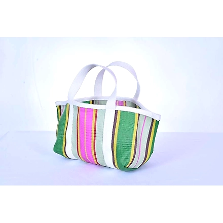 Recycled Pink Green Striped Nylon Market Tote bag With Cotton Webbing Straps-Multicolor-2