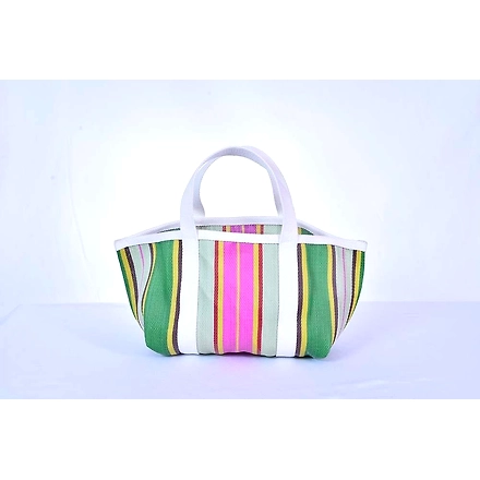 Recycled Pink Green Striped Nylon Market Tote bag With Cotton Webbing Straps-Multicolor-3