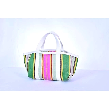 Recycled Pink Green Striped Nylon Market Tote bag With Cotton Webbing Straps-Multicolor-4