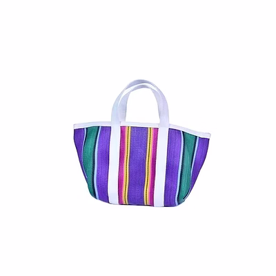recycled purple green striped market nylon tote bag with cotton webbing straps