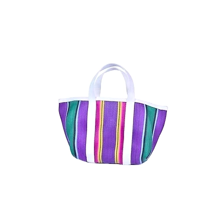 Recycled Purple Green Striped Market Nylon Tote bag With Cotton Webbing Straps-Jam1011