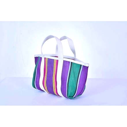 Recycled Purple Green Striped Market Nylon Tote bag With Cotton Webbing Straps-Multicolor-1