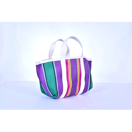 Recycled Purple Green Striped Market Nylon Tote bag With Cotton Webbing Straps-Multicolor-2