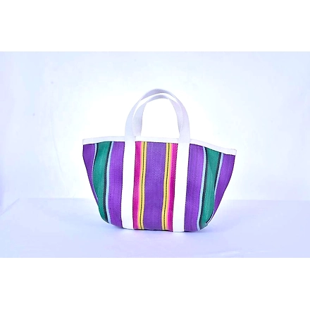 Recycled Purple Green Striped Market Nylon Tote bag With Cotton Webbing Straps-Multicolor-3