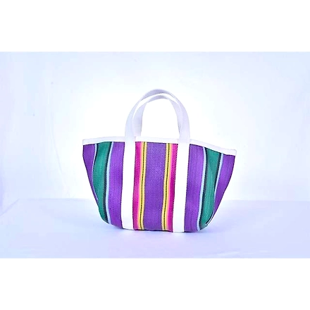 Recycled Purple Green Striped Market Nylon Tote bag With Cotton Webbing Straps-Multicolor-4