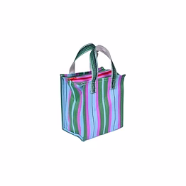 ladies recycled blue green striped monofilament nylon mini handbag