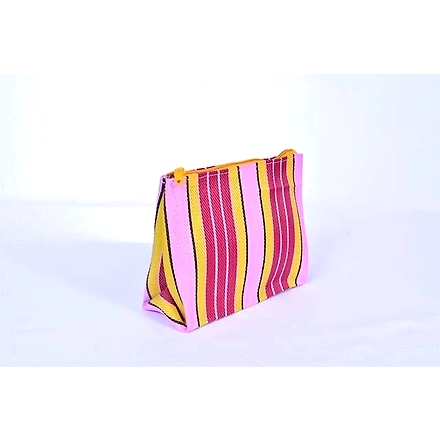 Recycled Multicolor Red Pink Striped Monofilament Nylon Pouch-Multicolor-4