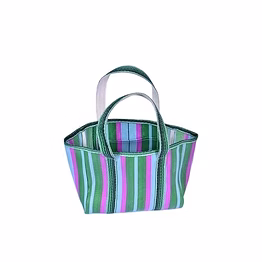 recycled green pink nylon market tote bag with cotton webbing straps