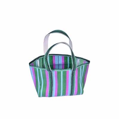 recycled green pink nylon market tote bag with cotton webbing straps