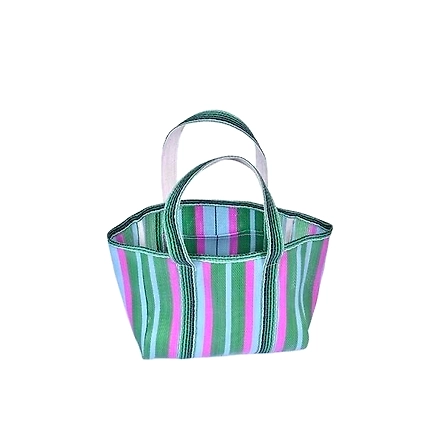 Recycled Green Pink Nylon Market Tote bag With Cotton Webbing Straps-Jam1017