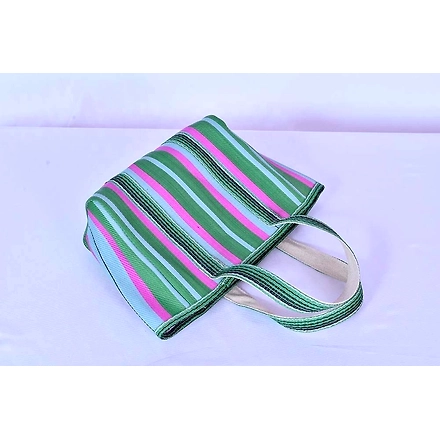 Recycled Green Pink Nylon Market Tote bag With Cotton Webbing Straps-Multicolor-1