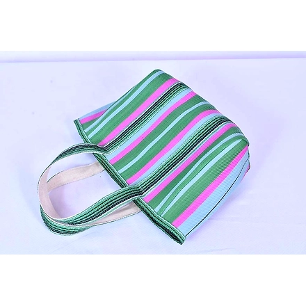 Recycled Green Pink Nylon Market Tote bag With Cotton Webbing Straps-Multicolor-2