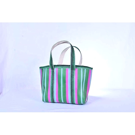 Recycled Green Pink Nylon Market Tote bag With Cotton Webbing Straps-Multicolor-3
