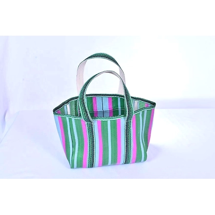 Recycled Green Pink Nylon Market Tote bag With Cotton Webbing Straps-Multicolor-4