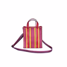 ladies recycled multicolor yellow red striped monofilament nylon mini handbag with shoulder strap