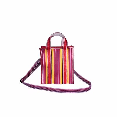 ladies recycled multicolor yellow red striped monofilament nylon mini handbag with shoulder strap
