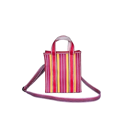 Ladies Recycled Multicolor Yellow Red Striped Monofilament Nylon Mini Handbag With Shoulder Strap-Jam1018