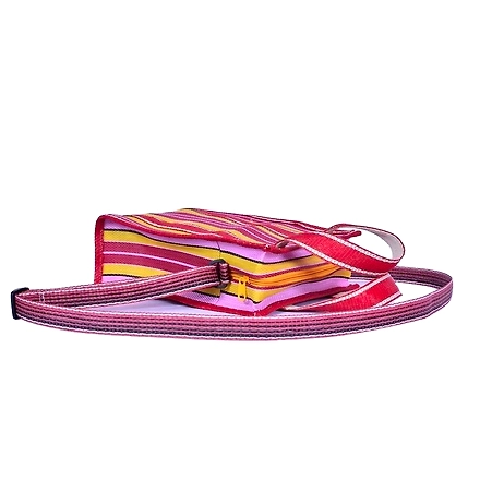 Ladies Recycled Multicolor Yellow Red Striped Monofilament Nylon Mini Handbag With Shoulder Strap-Multicolor-2