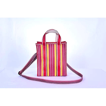Ladies Recycled Multicolor Yellow Red Striped Monofilament Nylon Mini Handbag With Shoulder Strap-Multicolor-4