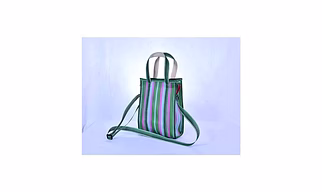 Ladies Recycled Green Pink Striped Monofilament Nylon Mini Handbag With Shoulder Strap