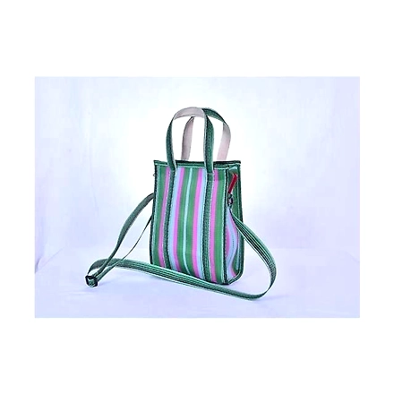 Ladies Recycled Green Pink Striped Monofilament Nylon Mini Handbag With Shoulder Strap-Jam1019