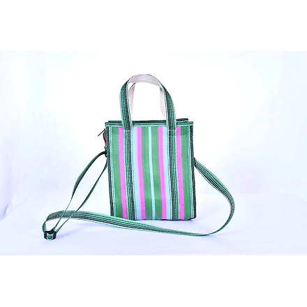 Ladies Recycled Green Pink Striped Monofilament Nylon Mini Handbag With Shoulder Strap-Multicolor-1
