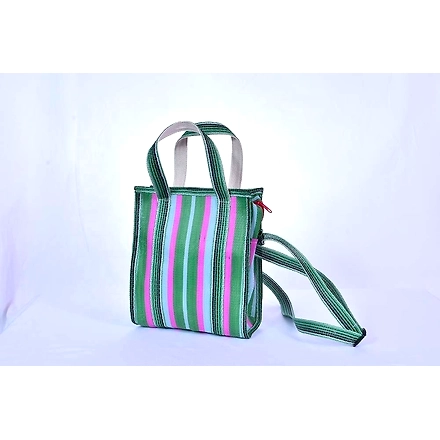 Ladies Recycled Green Pink Striped Monofilament Nylon Mini Handbag With Shoulder Strap-Multicolor-2