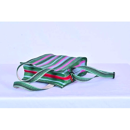 Ladies Recycled Green Pink Striped Monofilament Nylon Mini Handbag With Shoulder Strap-Multicolor-3