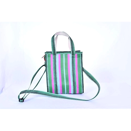 Ladies Recycled Green Pink Striped Monofilament Nylon Mini Handbag With Shoulder Strap-Multicolor-4