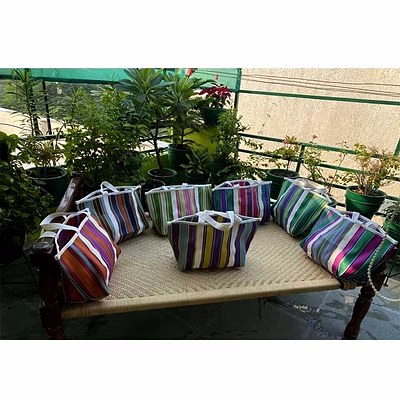 recycled nylon bags with cotton webbing strap /indian market shopping bags.