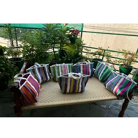 Recycled Nylon Bags with Cotton Webbing Strap /Indian Market Shopping Bags.-Jam1036