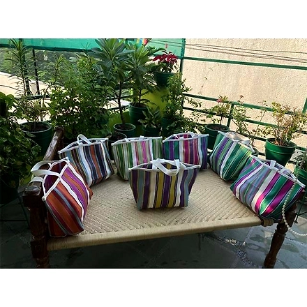 Recycled Nylon Bags with Cotton Webbing Strap /Indian Market Shopping Bags.-Multicolor-1