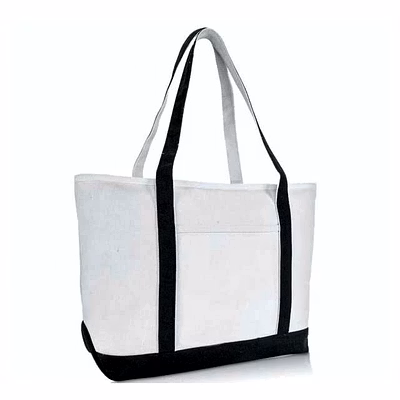premium quality white canvas zipper tope closure tote with black handles