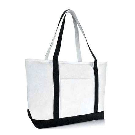 Premium Quality White Canvas Zipper Tope Closure Tote With Black Handles-Jam1051