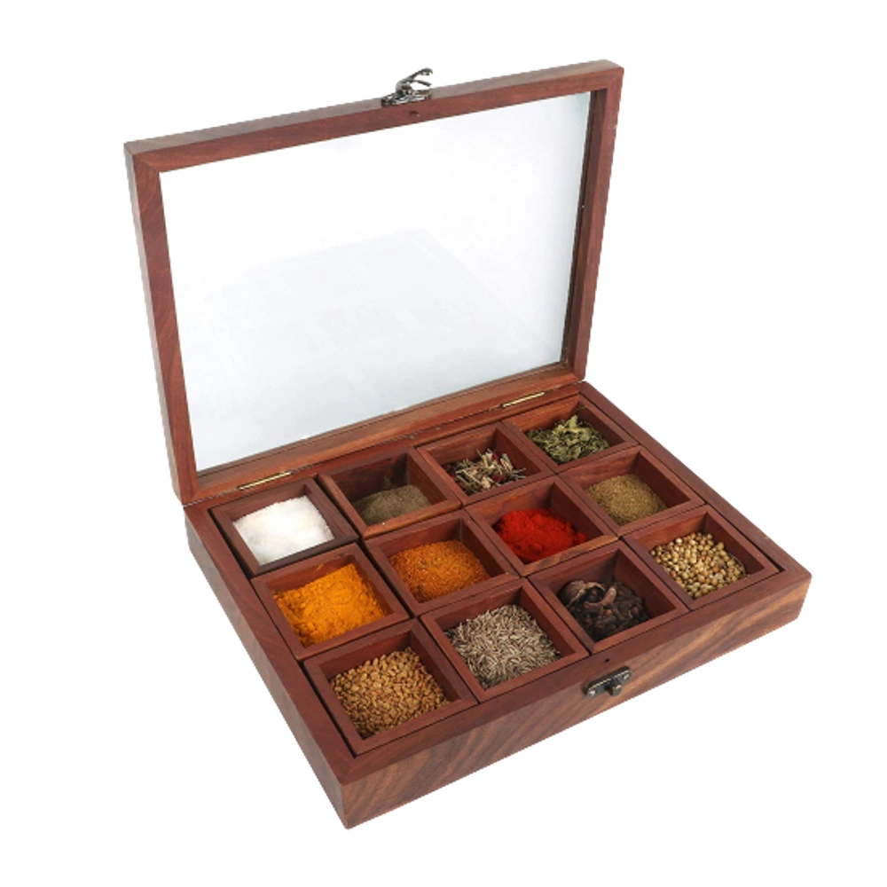 Inaithiram SB12PL Sheesham Wood Spice Box with 12 Containers and Spoon Glass Top for Kitchen Storage-2000000001