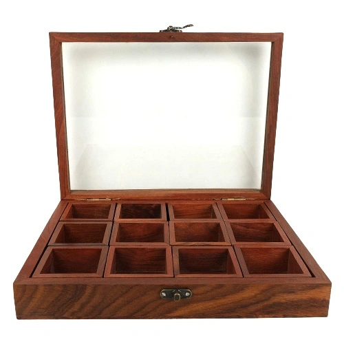 Inaithiram SB12PL Sheesham Wood Spice Box with 12 Containers and Spoon Glass Top for Kitchen Storage-2